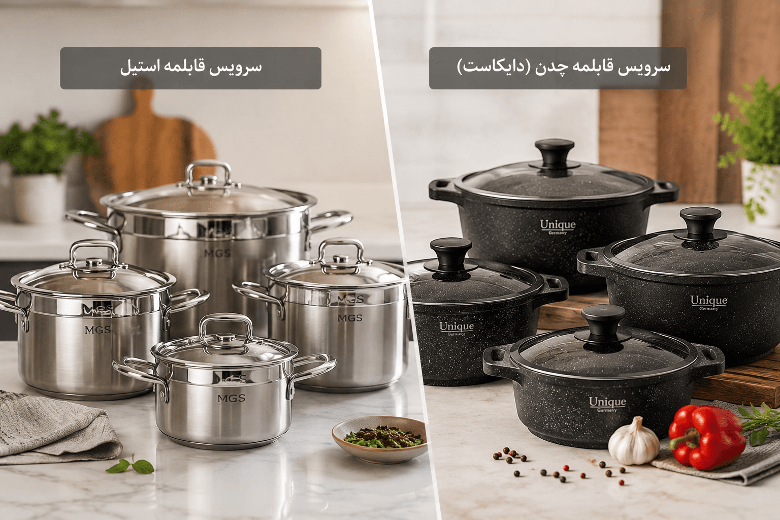 راهنمای خرید قابلمه استیل و چدن (دایکاست) | مقایسه کامل و معرفی بهترین برندها