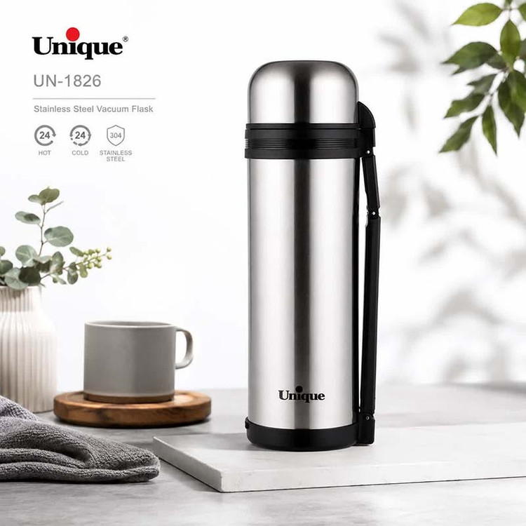 فلاسک استیل یونیک Unique بدون شیشه 1/5 لیتری مدل UN-1826 | دوجداره با عایق حرارتی
