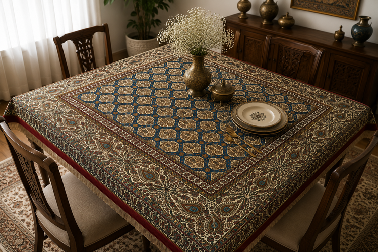 سفره قلمکار سنتی اصفهان نخ پنبه صادراتی کد 809 (گرم بالا)| رنگ طبیعی و چاپ دستی