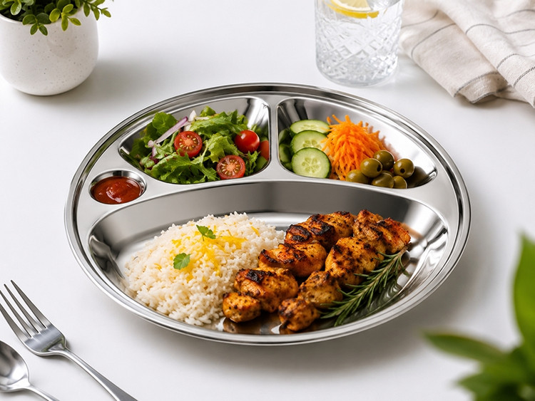 سینی سلف سرویس استیل گرد سه خانه قطر 30 سانتیمتر | ظرف سرو غذای استیل چند قسمتی
