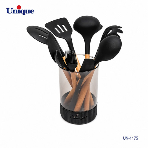 ست کفگیر و ملاقه 10 پارچه سیلیکونی دسته چوبی یونیک مدل UN-1175 همراه استند
