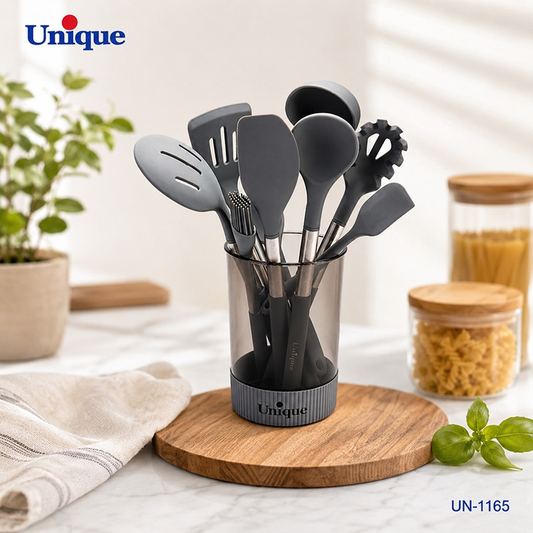 ست کفگیر و ملاقه 10 پارچه یونیک مدل UN-1165 | دسته استیل با سری سیلیکونی