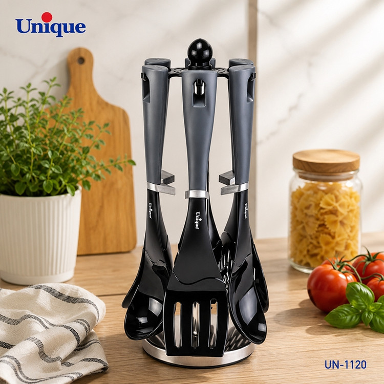 ست کفگیر و ملاقه 7 پارچه یونیک مدل UN-1120 | پایه استند چرخشی