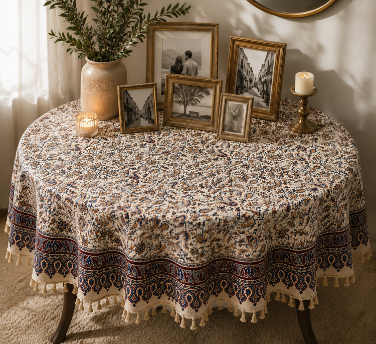 رومیزی گرد قلمکار سنتی اصفهان 100٪ نخ پنبه کد7۱۳ | رنگ طبیعی و چاپ دستی
