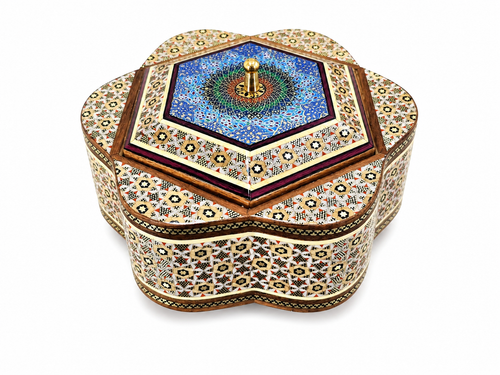 شکلات خوری خاتم کاری دستساز طرح گل ششپر با درب مینیاتوری | ظرف شکلات و پذیرایی لوکس ایرانی