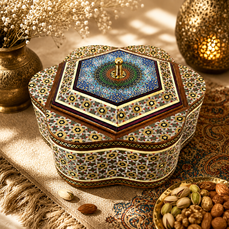 شکلات خوری خاتم کاری دستساز طرح گل ششپر با درب مینیاتوری سایز ۱۷ cm | ظرف شکلات و پذیرایی لوکس ایرانی