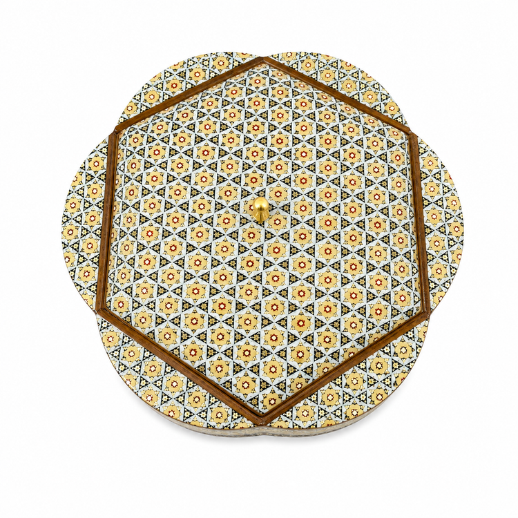 شکلات خوری خاتم کاری دستساز طرح گل ششپر سایز ۱۹ cm | ظرف شکلات و پذیرایی لوکس ایرانی