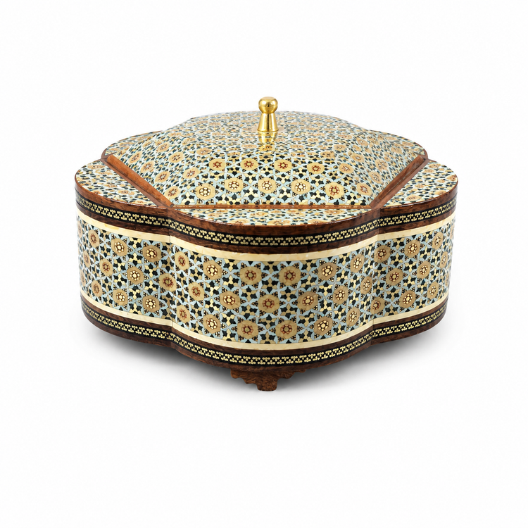 شکلات خوری خاتم کاری دستساز طرح گل ششپر سایز 19 cm | ظرف شکلات و پذیرایی لوکس ایرانی