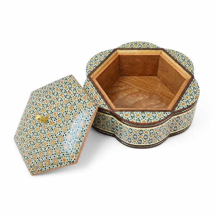 شکلات خوری خاتم کاری دستساز طرح گل ششپر سایز 19 cm | ظرف شکلات و پذیرایی لوکس ایرانی