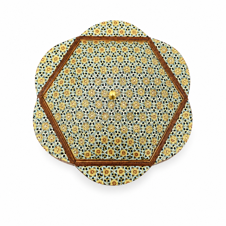 شکلات خوری خاتم کاری دستساز طرح گل ششپر سایز 19 cm | ظرف شکلات و پذیرایی لوکس ایرانی