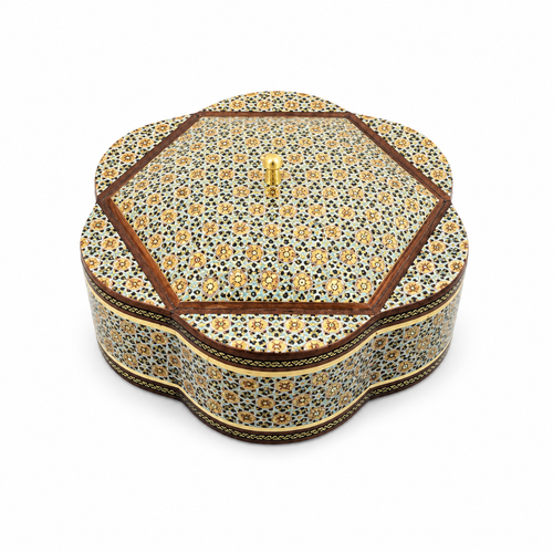 شکلات خوری خاتم کاری دستساز طرح گل ششپر سایز 19 cm | ظرف شکلات و پذیرایی لوکس ایرانی