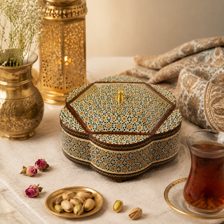 شکلات خوری خاتم کاری دستساز طرح گل ششپر سایز 19 cm | ظرف شکلات و پذیرایی لوکس ایرانی