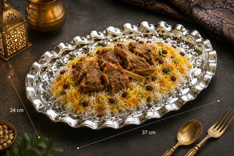 سینی استیل بیضی لب کنگرهای ۳۷ سانتیمتر | سرو غذا و شیرینی و تنقلات